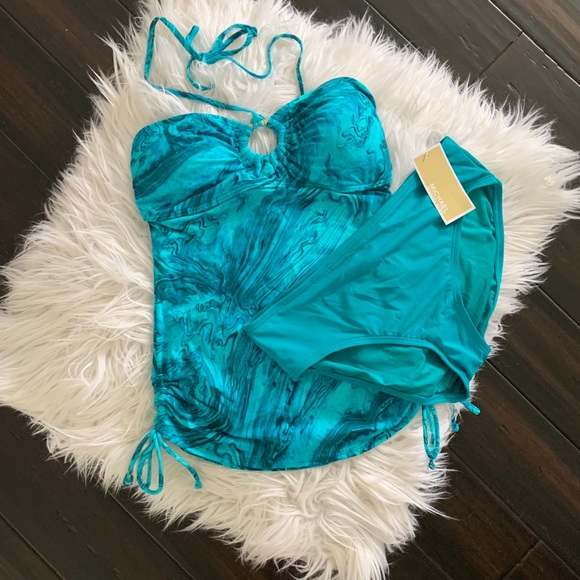 Michael Kors Teal Water Marble Logo Ring Tankini - Picture 1 of 14